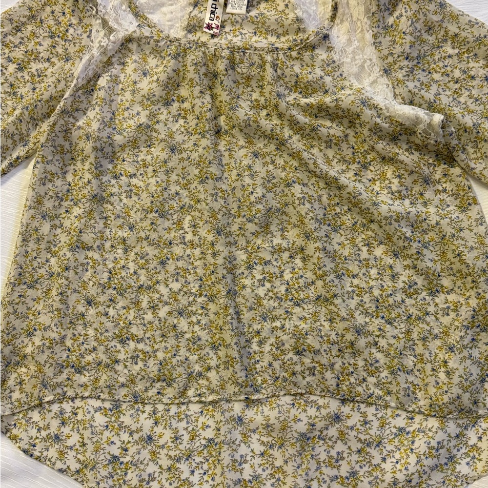 Mimi Chica Floral Lace Blouse Cream Blue Yellow Boho Sheer Top L Discontinued